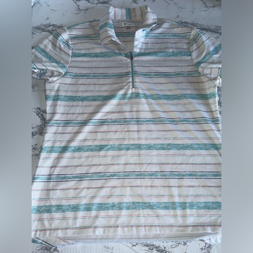 Greg Norman Polo Shirt Womens Large 1/4 Zip  Golf Shirt Teal White Stripe EUC